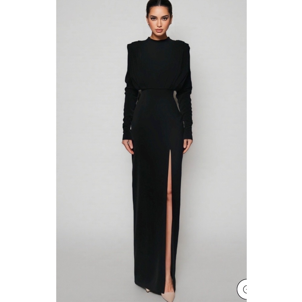 Witness of Love Black High Neck Open Back Maxi Dress Long Sleeve Slit Size XL
